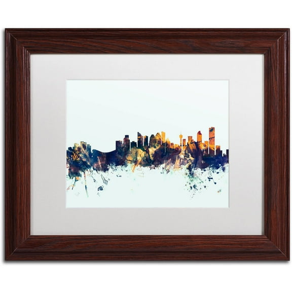 Trademark Fine Art "Calgary Canada Skyline Blue" Canvas Art by Michael Tompsett, White Matte, Wood Frame