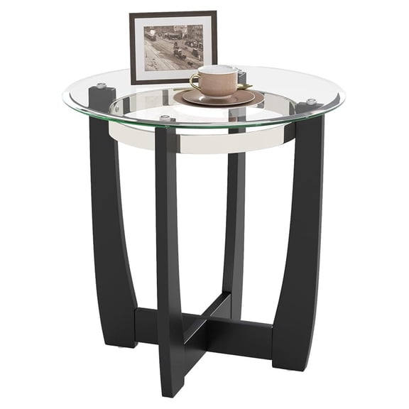 Glass End Table, 24” Round Sofa Side Table with Solid Rubber Wood Frame, Tempered Glass Top, Cross Base, Modern Circle Coffee Table for Living Room, Bedroom, Apartment, Black