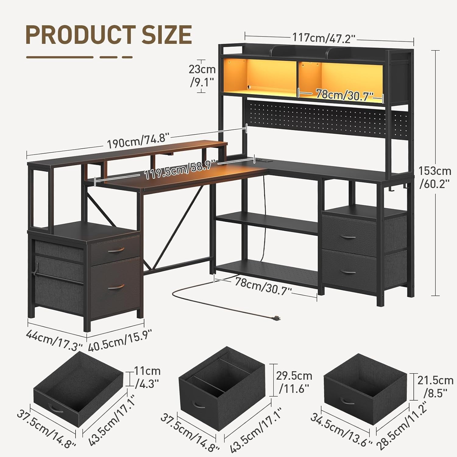 75inch L Shaped Computer Desk with Drawers, Large Gaming Desk with LED Light & Power Outlets, Corner Computer Desk with Storage Shelves & Monitor Stand for Home Office, Black