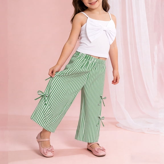 Girls 2 Piece Outfit Bow Top Wide Leg Striped Pants Summer Casual Soft Kids Girl Matching Set Green,Size 5-6T