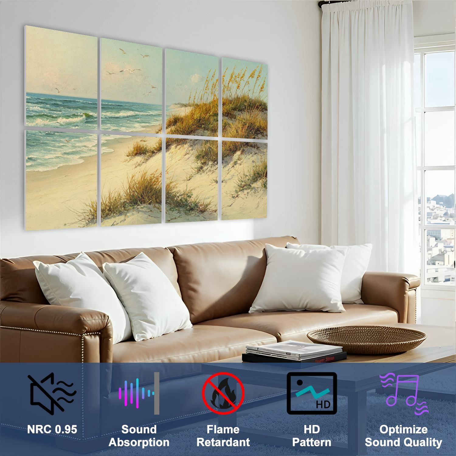 Coastal 8 Pack Art Acoustic Panels Sound Absorbing Soothing Beach Pale Dunes Gentle Ocean Breeze Decorative Soundproof Wall Panels Self Adhesive for Nursery Game Room Bedroom 48"x32"