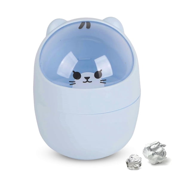 CATPAN Mini Trash Can, Small Garbage Can Reusable Plastic Wastebasket Cartoon Cat Waste Paper Bin with Swing Lid for Bathroom, Kitchen, Bedroom, Powder Room, Craft Room, Office, College, Rv (Blue)
