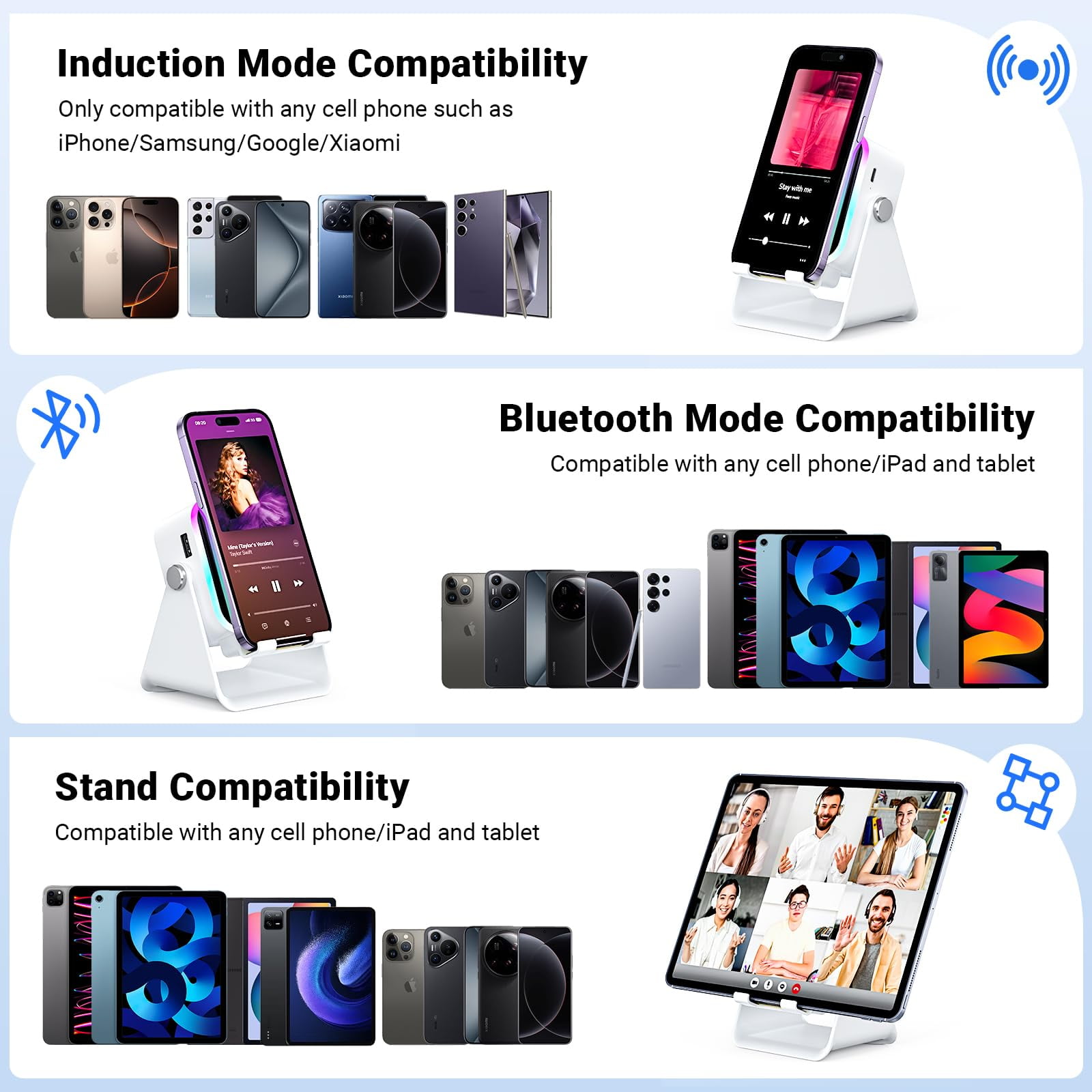 5-in-1 Wireless Induction Speaker with Phone Stand, Bluetooth Audio Amplifier with Colorful LED Light, Rechargeable Music Speaker for iPhone & Android, Ideal Birthday Gift for Men, Women(White)