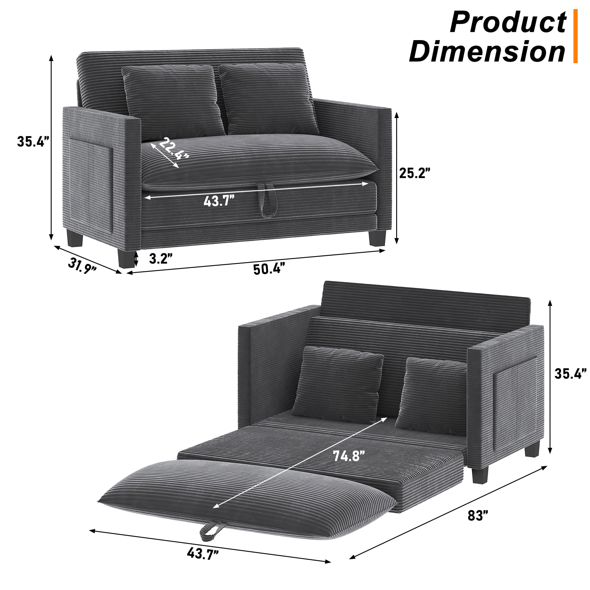 ANPOO 51 Inch Convertible Sofa Bed, 2-in-1 Folding Loveseat with Storage Pockets, 2 Pillows & Removable Cover, Modern Corduroy Sleeper Sofa for Small Spaces, Apartment and Living Room