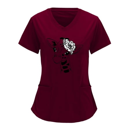 

Women Short Sleeve V-Neck Baseball Animal Cartoon Printed Scrubs Top Working Uniform Nurses Clothing Workwear Shirts Blouse Tops With Pockets Ladies Dailywear
