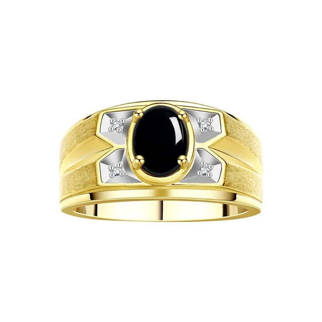 RYLOS Men's Rings Yellow Gold Plated Silver Rings Classic Designer Style 8X6MM Gemstone & Diamond Ring Cabochon Onyx October Birthstone Rings For Men, Size 9