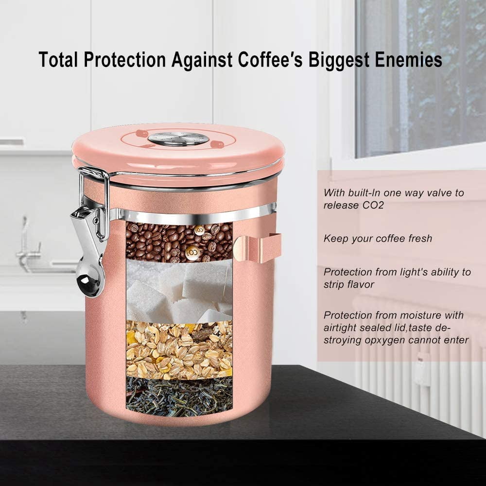 Coffee Canister, Large 22 oz, Stainless Steel Airtight Coffee Container with Scooper, Rose Gold