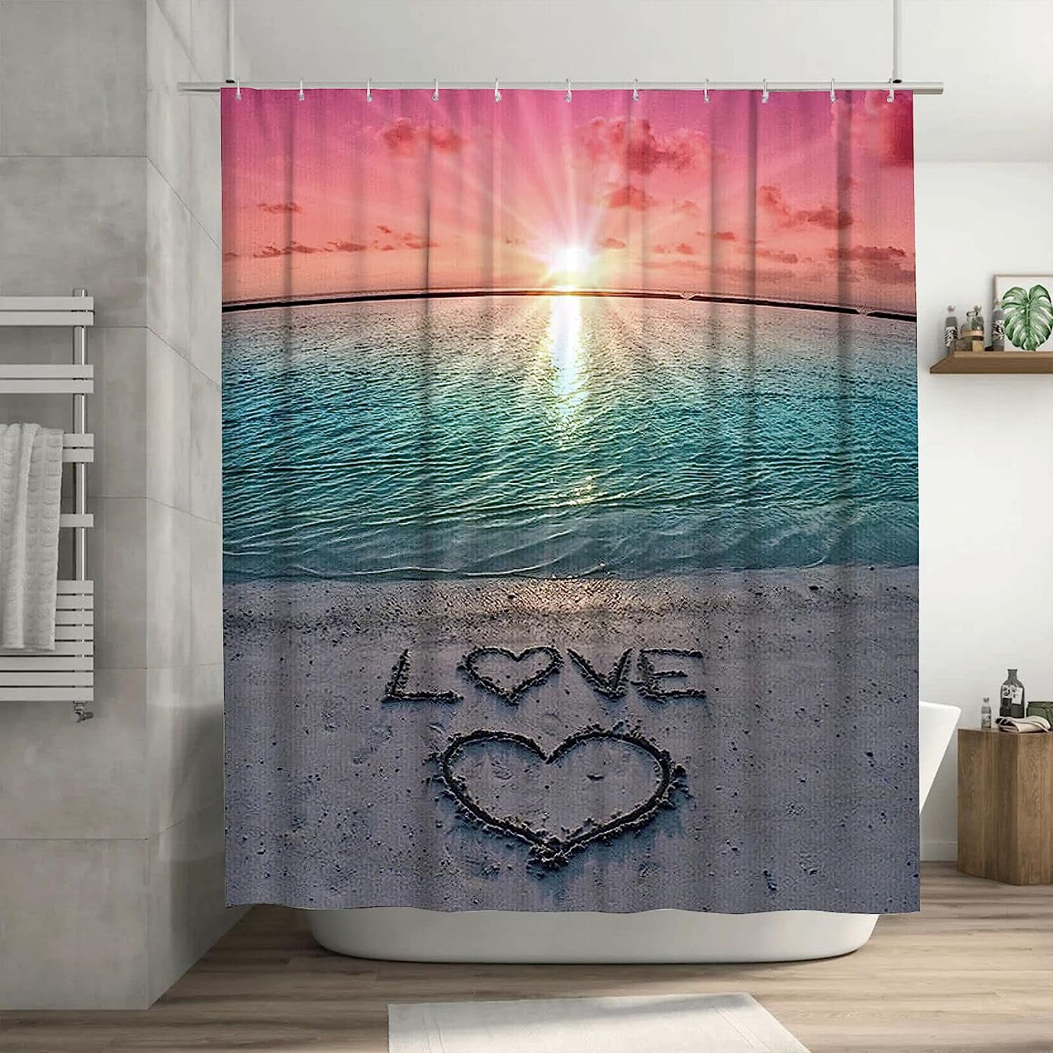 JOOCAR Beach Shower Curtain Ocean Coastal Nautical Bathroom Shower Curtains Beach Love Shower ...