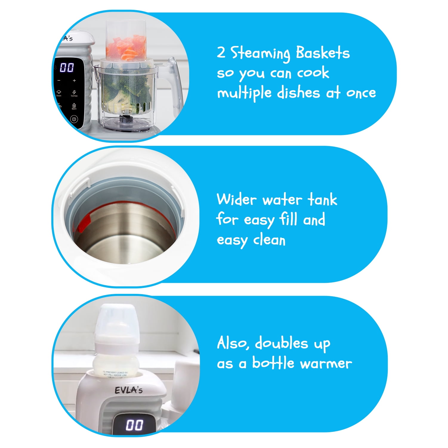 EVLA'S Baby Food Maker with 2 Steaming Cups, Steamer, Blender, Baby Food Processor, Touch Screen, with 6 Reusable Food Pouches, White