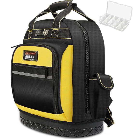 AIRAJ Large Capacity Tool Backpack, 1680D Extreme Wear-Resistant Fabric Tool Bag with Molded Hard Base & 15 Pockets,Heavy Duty Waterproof Jobsite Organizer for Electricians,Plumbers, HVAC