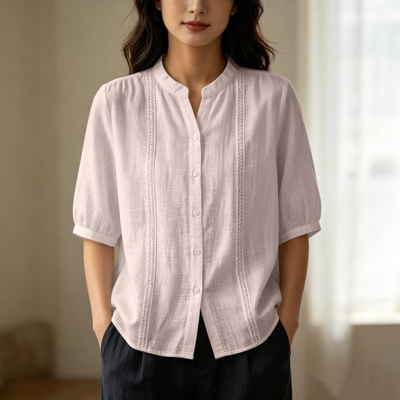 Uootdi Linen Tops for Women Mandarin Collar Half Sleeve Floral Embroidered Stripe Womens Tops Relaxed Fit Lightweight Womens Shirts for Women