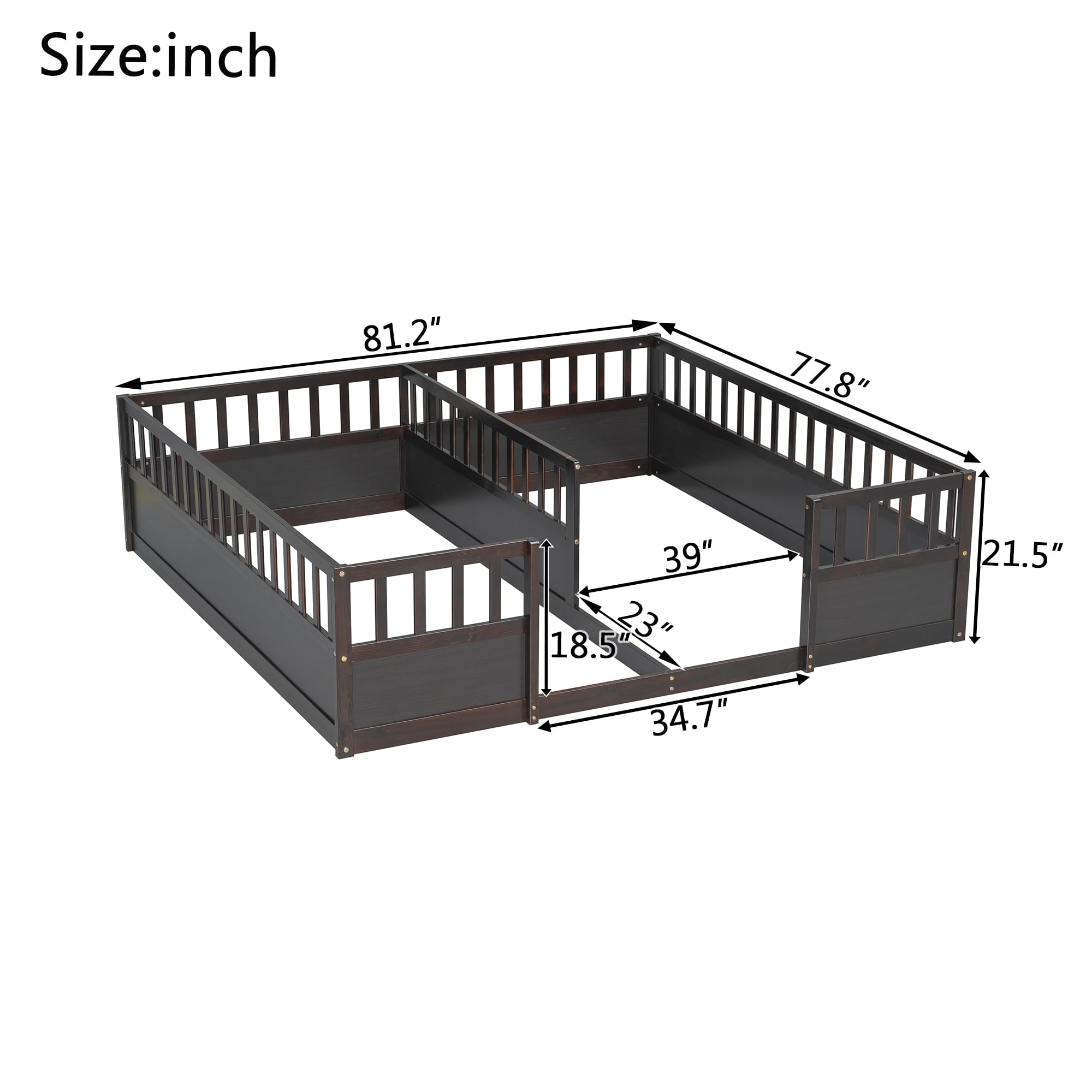 Double Twin Floor Bed 81.2 Inch, Pine Wood Bed Frame with Semi Enclosed Guardrails for Two Kids, Espresso