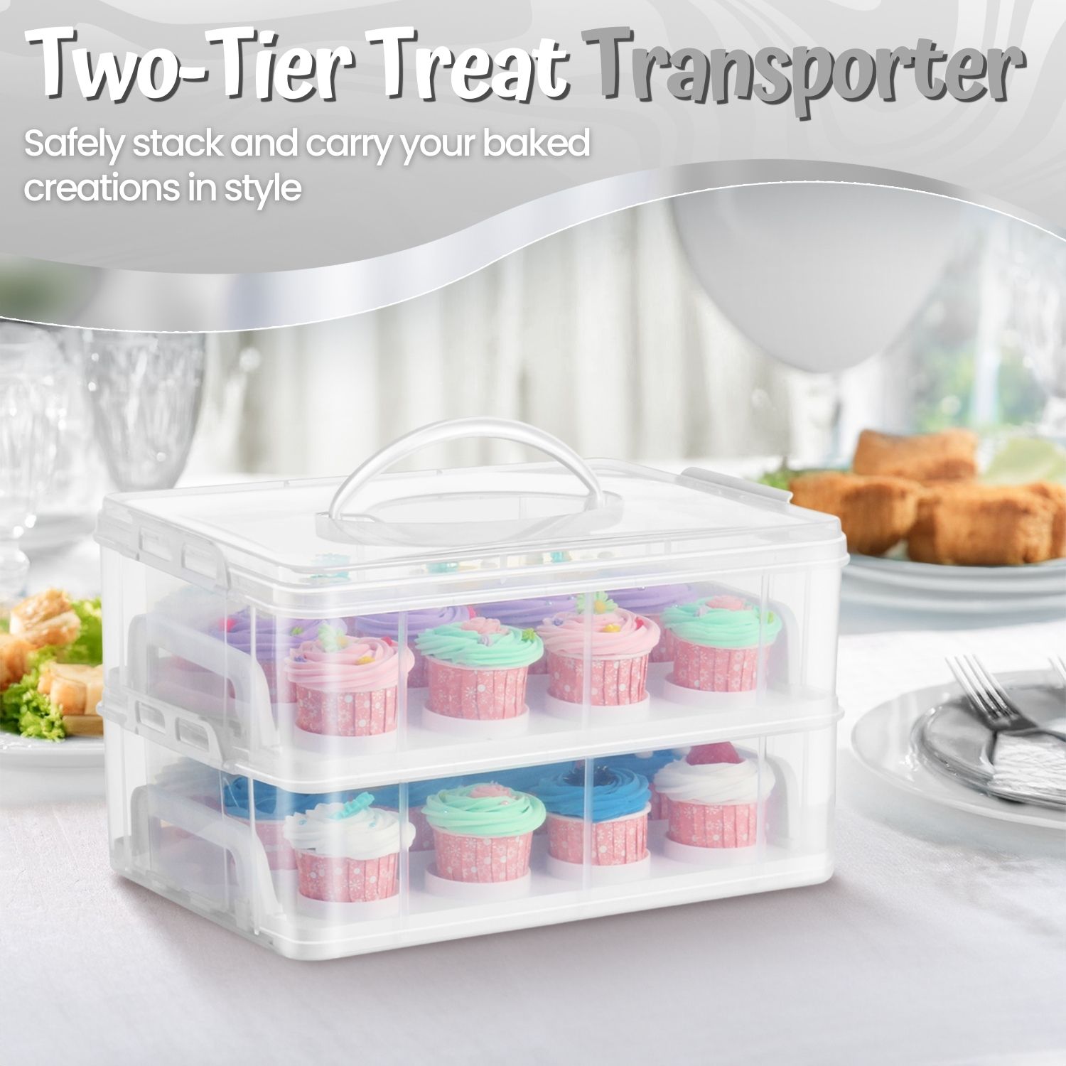 Cupcake Carrier Holder Container Box (24 Slot, 2 Tier) - 24 Cupcakes Slot or 2 Large Cakes Pastry Clear Plastic Storage Basket Taker Courier with 2 Tier Stackable Layer Insert (Clear)