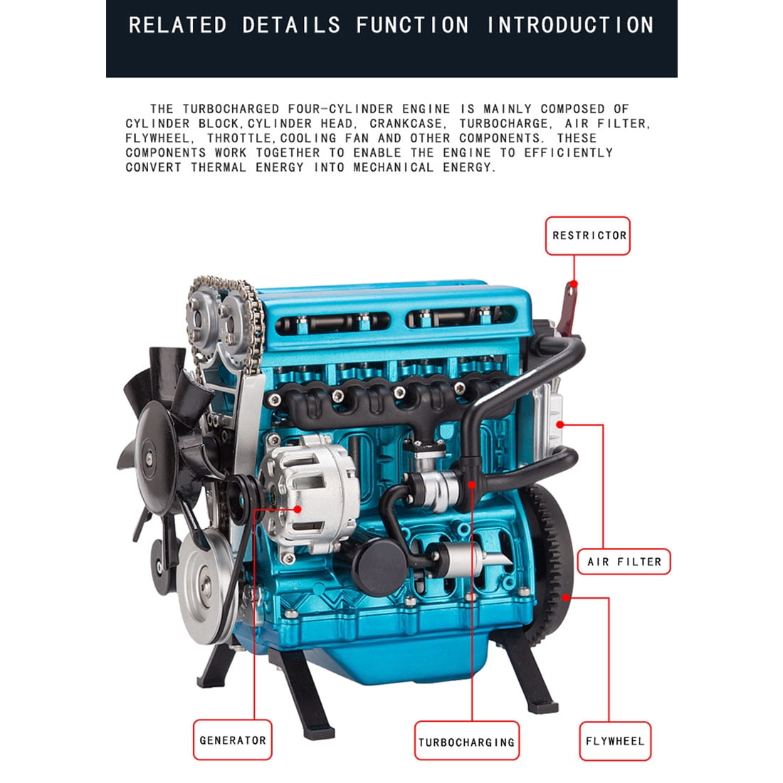 ENGINEDIY L4 Engine Model Kit that Runs, 3D Metal Turbocharged Inline-Four Car Engine Mechanical Engineering DIY Assembly Engine Model with Cooling System (364+PCS)
