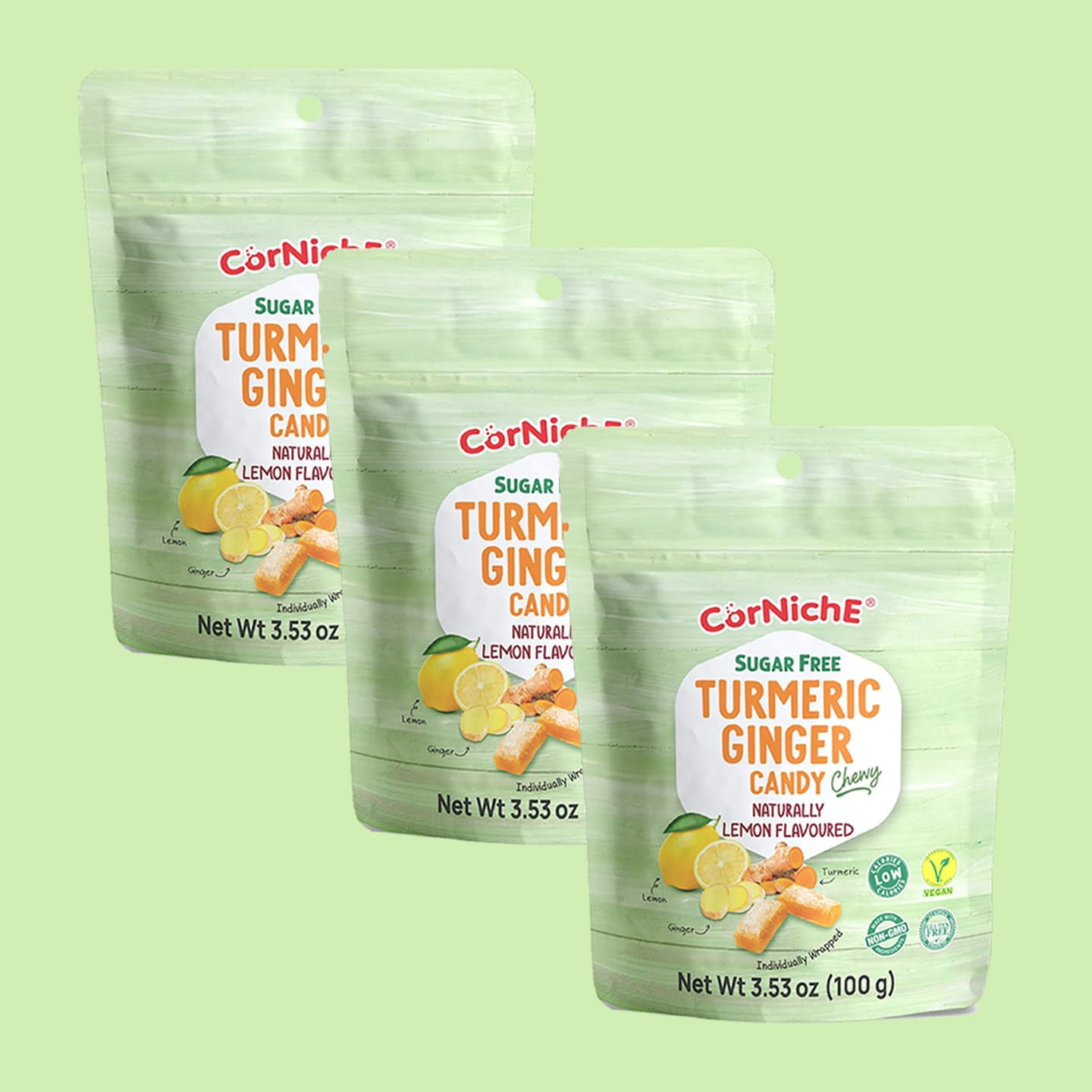 CORNICHE Sugar Free, Turmeric Ginger Candy Chewy Naturally Flavored, Ginger Sugar Free, Individually Wrapped Candy, NON-GMO, Low Calories, Vegan, Gluten Free (Pack of 6, Lemon)