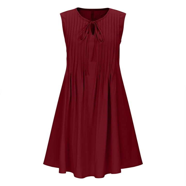 Burgundy Wine Ladies Pleated Tie Knot Basic Midi Knee Length Dress for  Juniors Sleeveless Crewneck Lace Faux Gauze Linen Lounge Fall Summer Dress  2025 Clothes Trendy S - Walmart.com