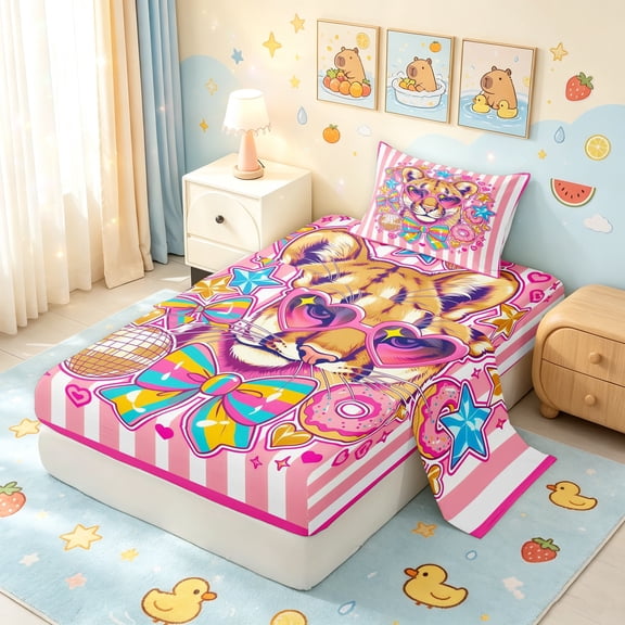 Manfei Forest Fashion Lion Twin Sheets, Boho Disco Ball Bowknot Bedding, Pink Red, 3 Pieces, 1 Flat Sheet, 1 Fitted Sheet and 1 Pillowcase