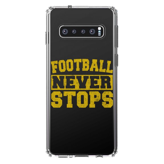 DistinctInk Clear Shockproof Hybrid Case for Samsung Galaxy S10  PLUS (6.4" Screen) - TPU Bumper Acrylic Back Tempered Glass Screen Protector - Football Never Stops