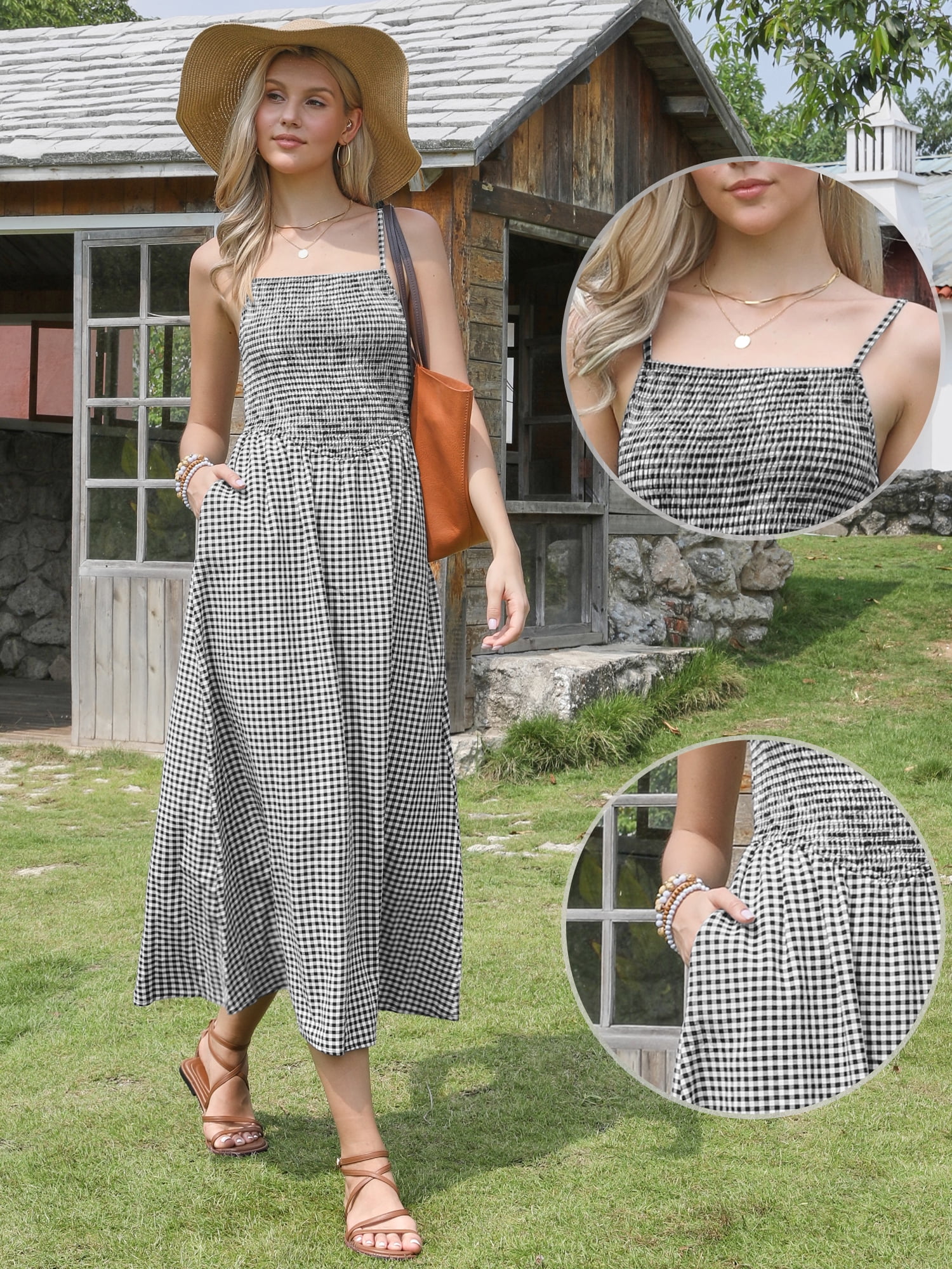 DARING DIVA Women's Gingham Spaghetti Strap Flowy Plaid Smocked Dress S Black