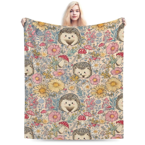 Hedgehog Blanket - Cute Floral and Mushroom Fleece Throw Gifts for Adult 50x40