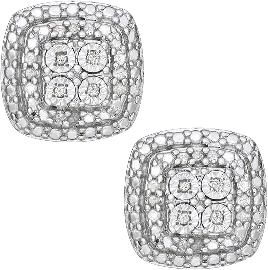 Beyond Brilliance Sterling Silver Halo Cushion Frame 1/10 Carat Round Natural Diamond Stud Earrings for Women