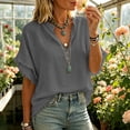 thumbnail image 5 of hlysgo Women's Cotton Blend Tops Notched V Neck Blouse Double Layer Frayed Raw Edge Sleeve Boho Beach Vacation Shirts Gray,L, 5 of 6