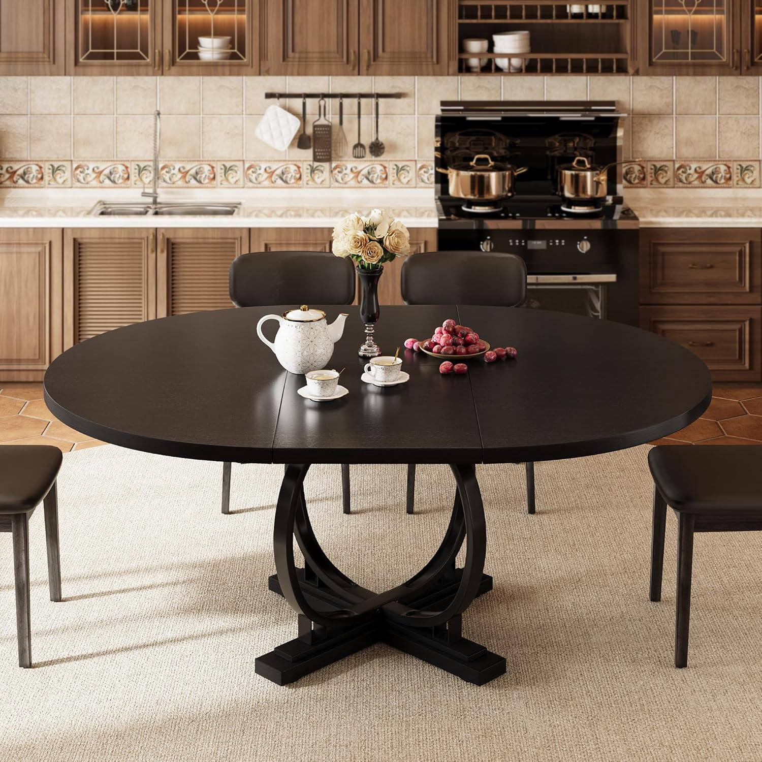 iPormis 59'' Extendable Round Dining Table for 4 to 8, Kitchen Table with Sturdy X-Base Metal Legs, MDF Board , Space Saving, Easy Assembly,Black