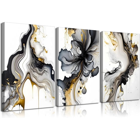FCCUYE Black and Gold Wall Art, Abstract Canvas Framed Wall Art Marble Pictures Wall Decor Prints Paintings Set of 3 for Living Room Bedroom Office Bathroom 12x16in