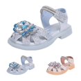 thumbnail image 2 of GiLiling Girls' Closed-Toe Princess Sandals, Glitter Rhinestone Flower Adjustable Pearl Ankle Strap, Low Heel Non-Slip Sole Summer Dress Sandals (Blue, 3-3.5 Years), 2 of 9