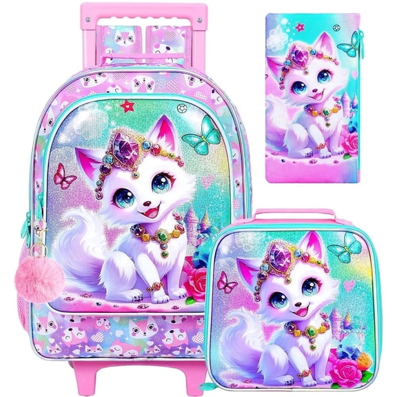 3Pcs Rolling Backpack for Girls, Fox Kids School Backpacks with Wheels, Roller Bookbag with Lunch Box for Elementary Preschool(White)