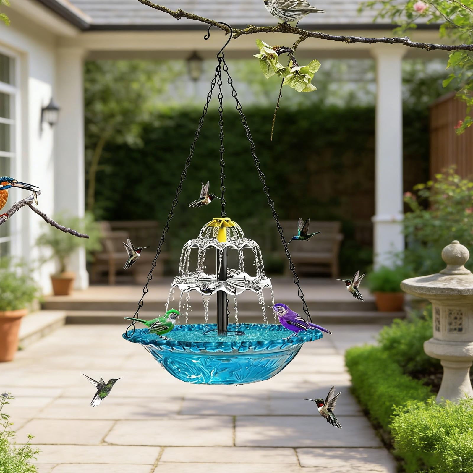 Solar Cascade Hanging Bird Bath Fountain, 2026 New Outdoor Outdoor Hanging Bird Bath with Solars Pump & Glass Bowl, Large Humming Birds Baths Fountains for Garden, Patio, Lawn Decor