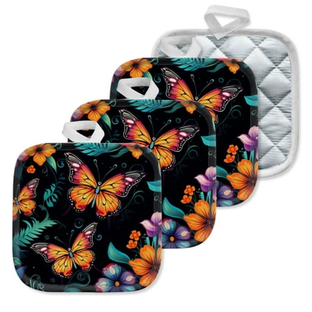 

4 Pack Pot Holders Kitchen Essential Potholder Set Colorful Butterflies And Flowers On A Black Background