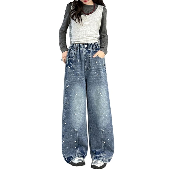 RMGVDSD Girls Wide Leg Jeans With Rhinestone Bead High Waisted Denim Pants With Pockets Loose Fit Denim Trousers For Kids And Vintage Party Pants