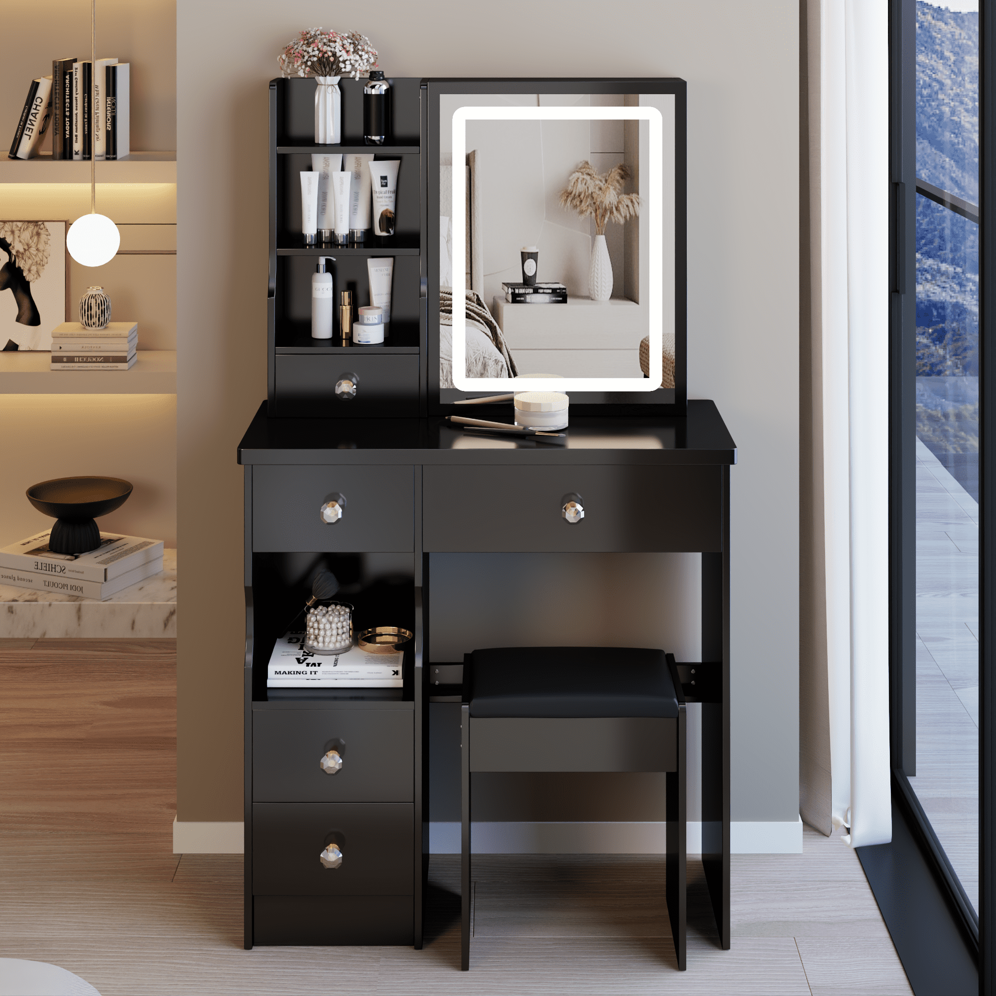 29.2" Small Size Left Drawer Desktop Vanity Table + Cushioned Stool, Large Sliding, Touch Control, Tri-color Switching, Brightness Adjust LED Mirror, High Capacity Storage, Suitable for Small Space