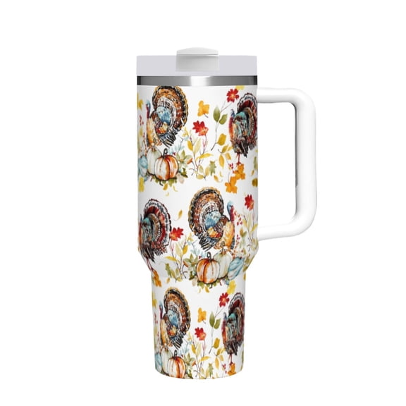 Hakunofo 40 oz Thanksgiving Turkey Floral Tumbler with Handle Straw and Lid, Stainless Steel Travel Coffee Cup for Thanksgiving Gift Home Office