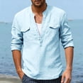 thumbnail image 3 of Cotton Linen Shirts for Men 2026 Spring Summer Casual Lightweight Long Sleeve V Neck Band Collar Beach Shirt, 3 of 6