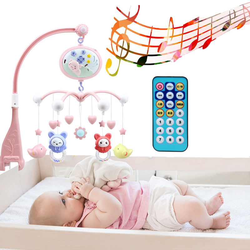 Baby Musical Crib Mobile Hanging Rotating Rattles Remote Control Music Box for Newborn 0-24 Months 
