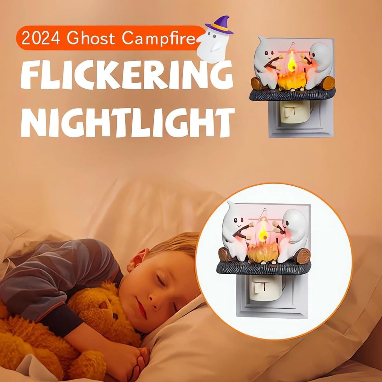 2024 Ghost Campfire Flickering Nightlight, Halloween Night Lights Plug into Wall, 3D Spooky Fire Marshmallow Night Light, Ghost Pumpkin Night Light Dusk Funny Halloween Room Decorations (A-1PC)