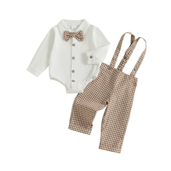 Ulanda Fall Outfit Newborn Baby Boy Gentleman Long Sleeve Bow Tie Romper Plaid Suspender Pants 2Pcs Christmas Clothes Set (Khaki, 12-18 Months)