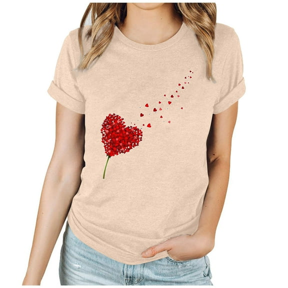 Women Valentine's Day Shirts Short Sleeve Crewneck Cute Graphic T-Shirts Casual Pullover Tunic Tops (S, D Khaki)