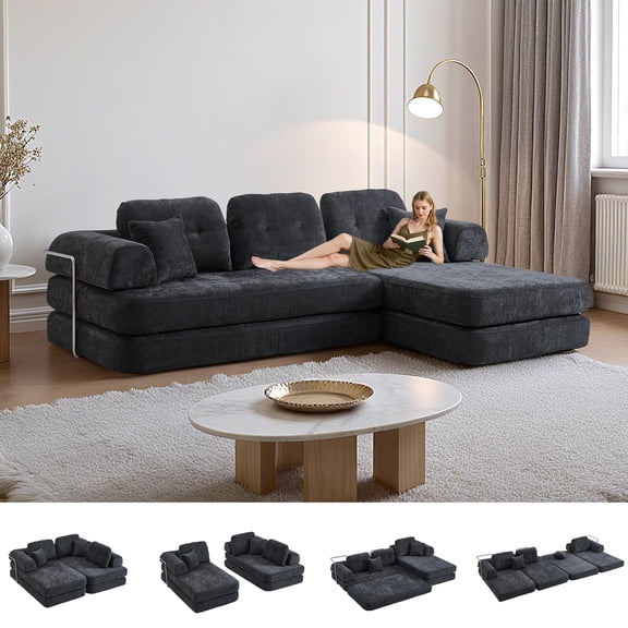104" Boneless Couch, Cloud Couch with L-Shape Chaise, Sectional Couches for Living Room, Compressed Modern Sofa with Deep Seat, Chenille Memory Foam Couch, No Assembly Required, Dark Grey Couch
