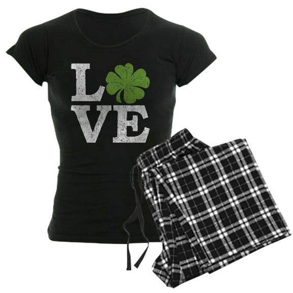 CafePress - Love_Shamrock_White Pajamas - Women's Short Sleeve Print T-Shirt and Pants Dark Cotton Pajama Set