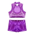 thumbnail image 5 of YiZYiF Girls Sequins Two Piece Ballet Dance Outfit Tank Crop Top with Shorts Dancewear Purple 10, 5 of 7