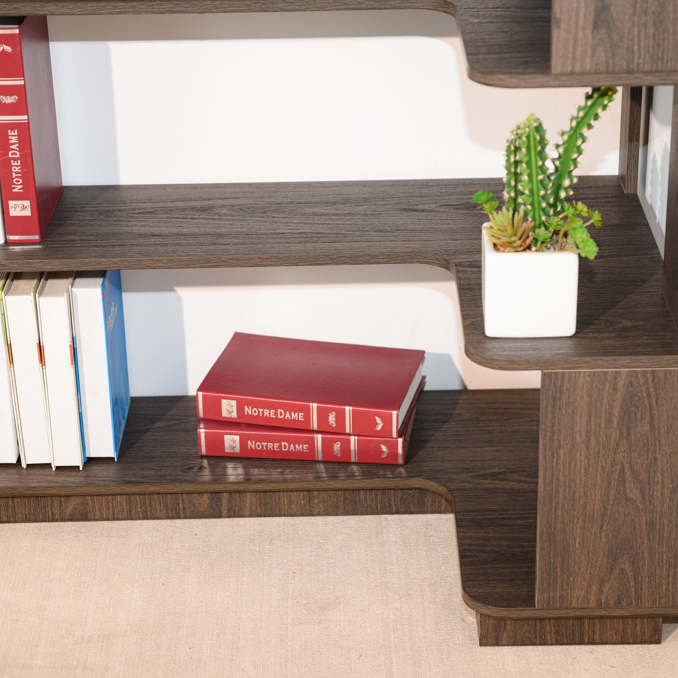 GDF Studio Derwin 5-Tier Corner Bookshelf, L-Shaped Wooden Bookcase for Living Room, Home Office, Dark Brown