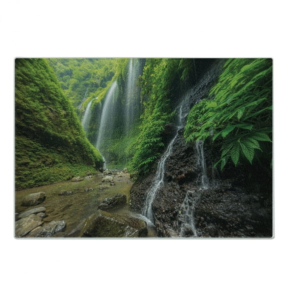Waterfall Cutting Board, Waterfalls Side Valley in Indonesia with Southeast Bushes Above Hills, Decorative Tempered Glass Cutting and Serving Board, Small Size, Green and Brown, by Ambesonne