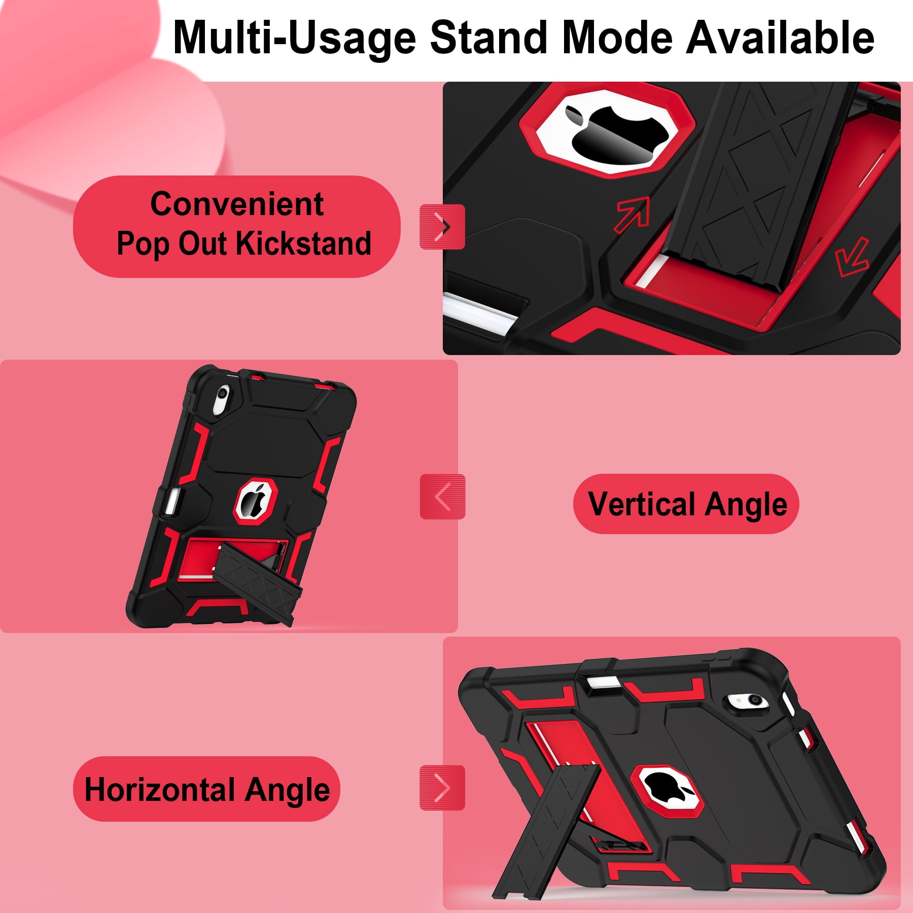 Rantice Case for iPad 10th Generation 10.9 Inch 2022, iPad (A16) 11th Gen 11 Inch 2025, with Kickstand & Pencil Holder, Heavy Duty Shockproof Hybrid Protective Cover for Kids Girls, Black+Red