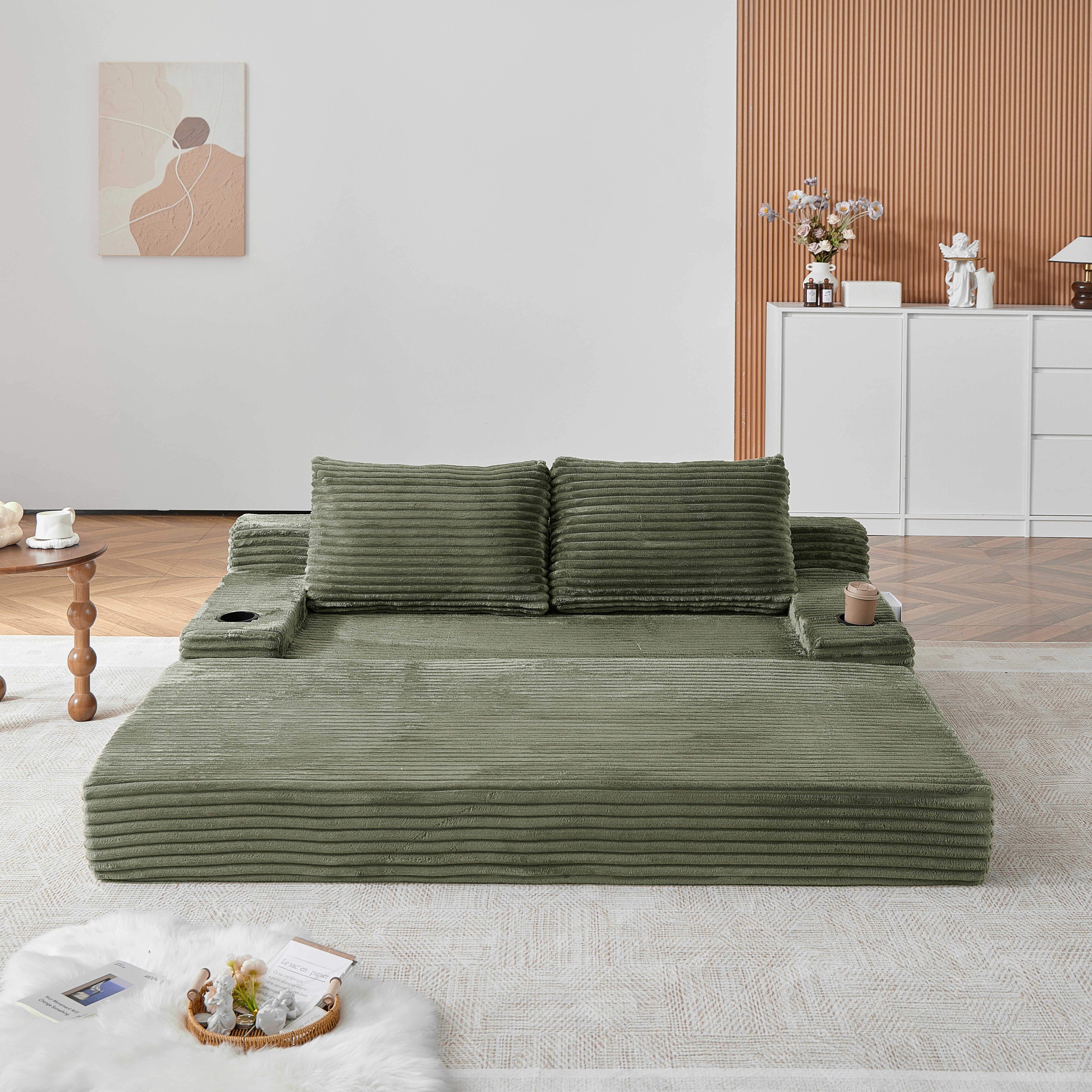 Leumius Futon Sofa Bed,Convertible Corduroy Boneless Couch with Cup Holders & Pocket,2-in-1 Foldable Sleeper Sofa for Living Room, Small Spaces, Bedroom, No Assembly,Green