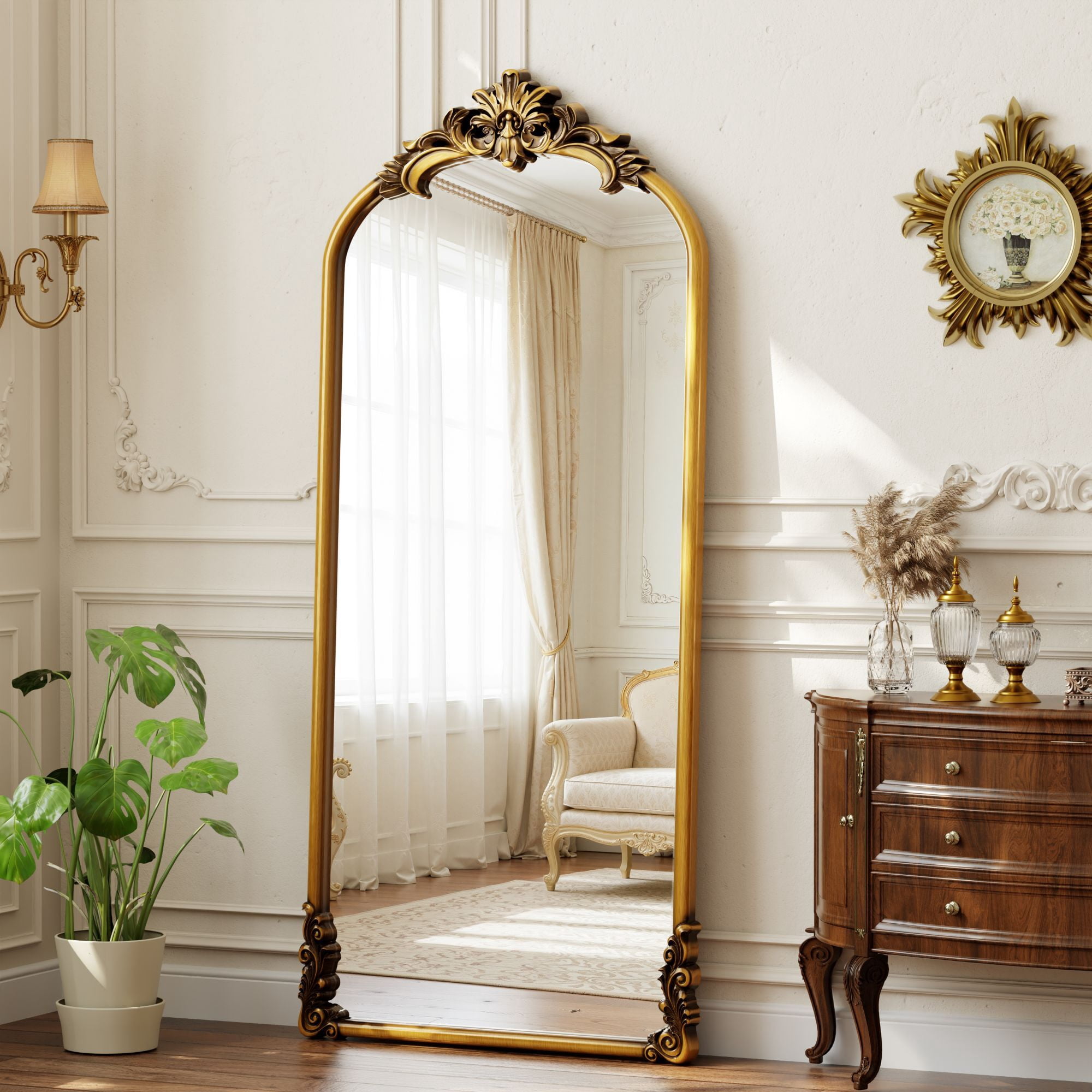Easy4Home 69"x28" Arched Full-Length Floor Mirror Smooth Arch Top Floral Crest Standing Mirror, Bright Gold