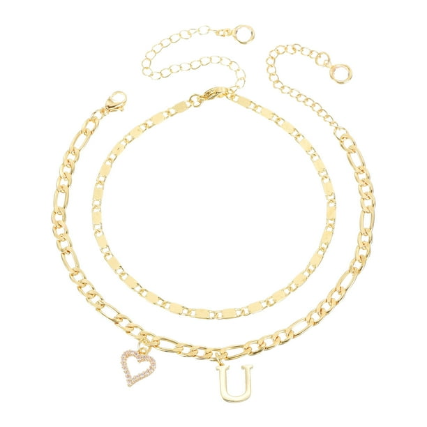 Pulseras de tobillo en forma de corazón Uxcell para mujeres, pulseras chapadas en oro de 14K, cadena de letras del alfabeto A-Z con caja para regalo de verano, tono dorado