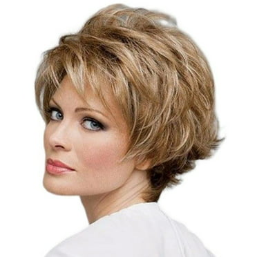 Short Layered Fluffy Wavy Full Synthetic Wig Blonde Highlights ...